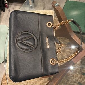 Valentino Black Leather Shoulder Bag with Gold Chain Strap